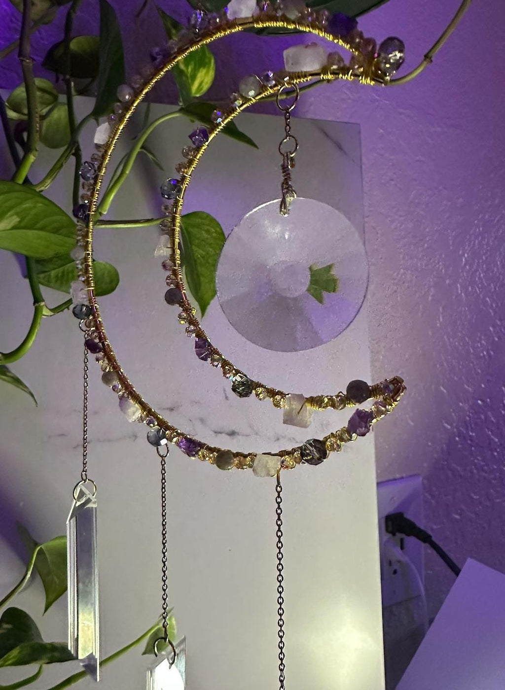 Handcrafted Moon Suncatcher: Moonstone, Amethyst, Labradorite, Crystal Prisms