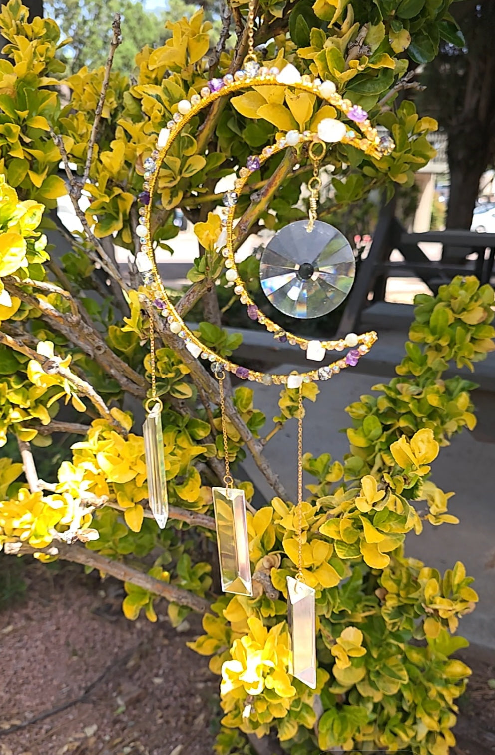 Handcrafted Moon Suncatcher: Moonstone, Amethyst, Labradorite, Crystal Prisms