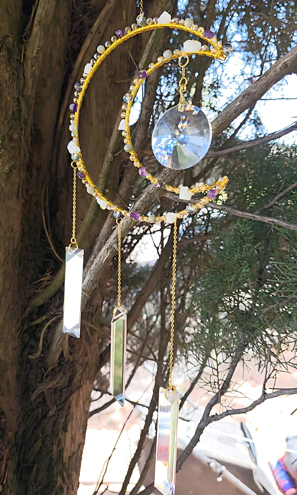 Handcrafted Moon Suncatcher: Moonstone, Amethyst, Labradorite, Crystal Prisms