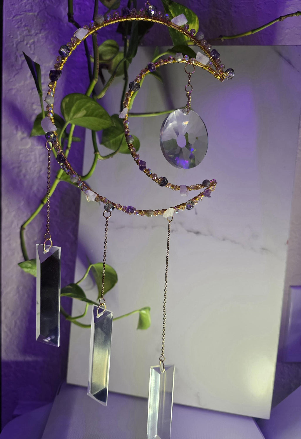 Handcrafted Moon Suncatcher: Moonstone, Amethyst, Labradorite, Crystal Prisms