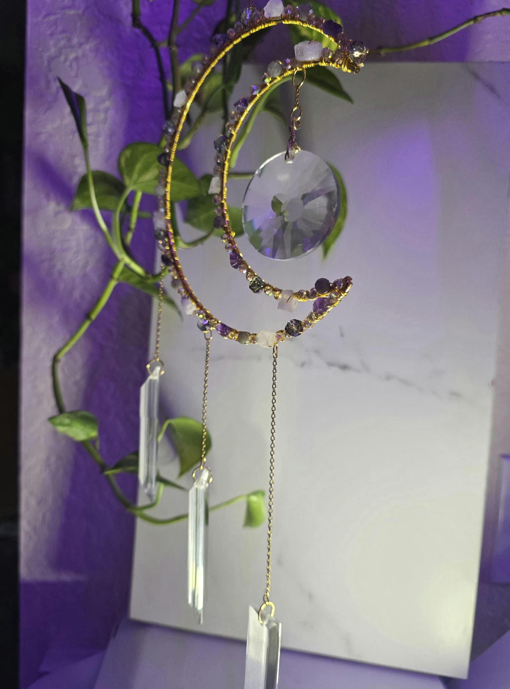 Handcrafted Moon Suncatcher: Moonstone, Amethyst, Labradorite, Crystal Prisms