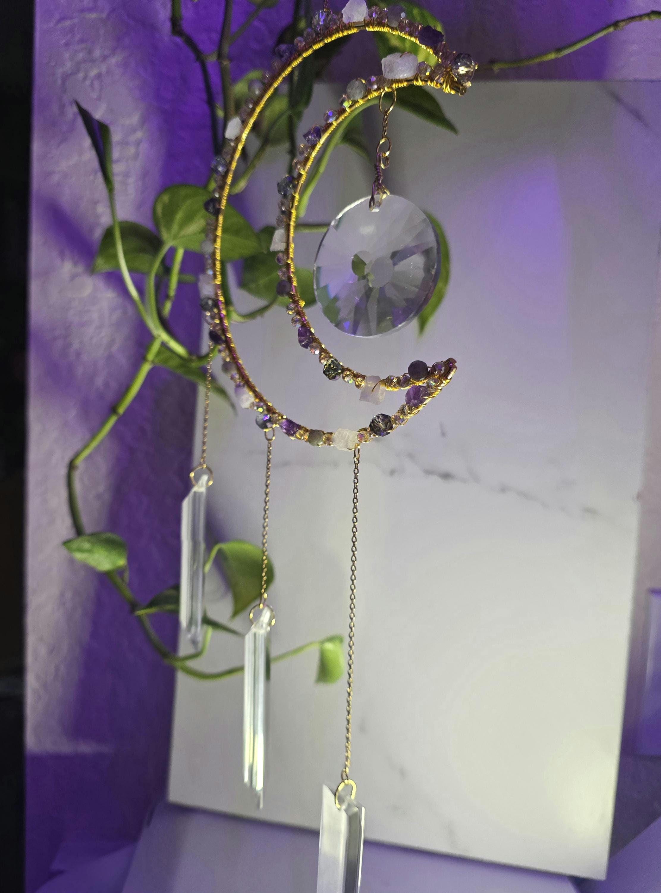 Handcrafted Moon Suncatcher: Moonstone, Amethyst, Labradorite, Crystal Prisms